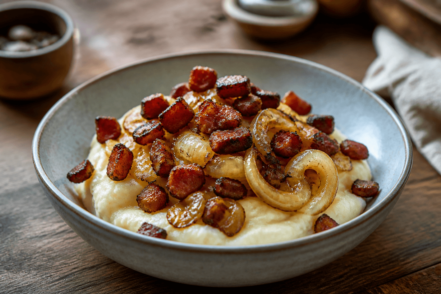 Brændende kærlighed med kartoffelmos, bacon og stegte løg