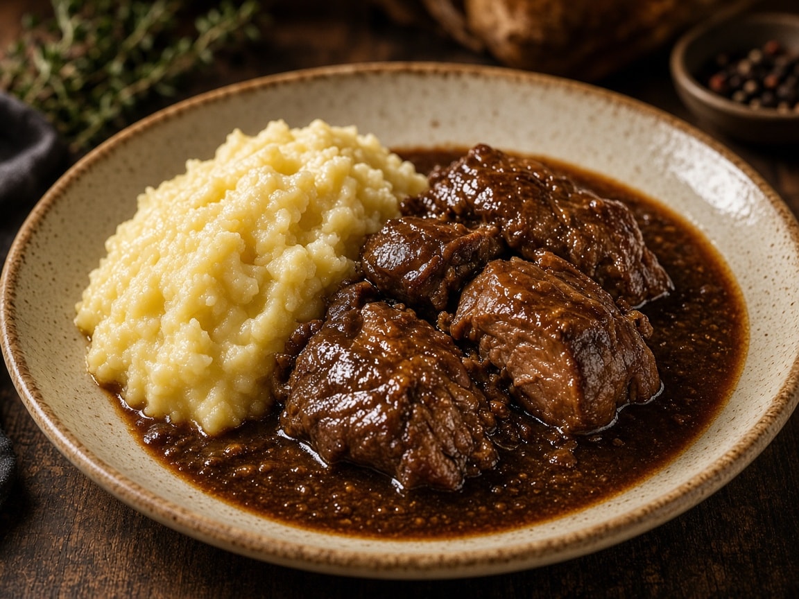 Møre svinekæber i mørk ølsauce med grov kartoffelmos