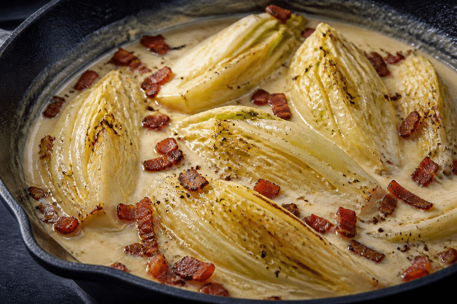 Braiseret spidskål med bacontern i cremet sauce