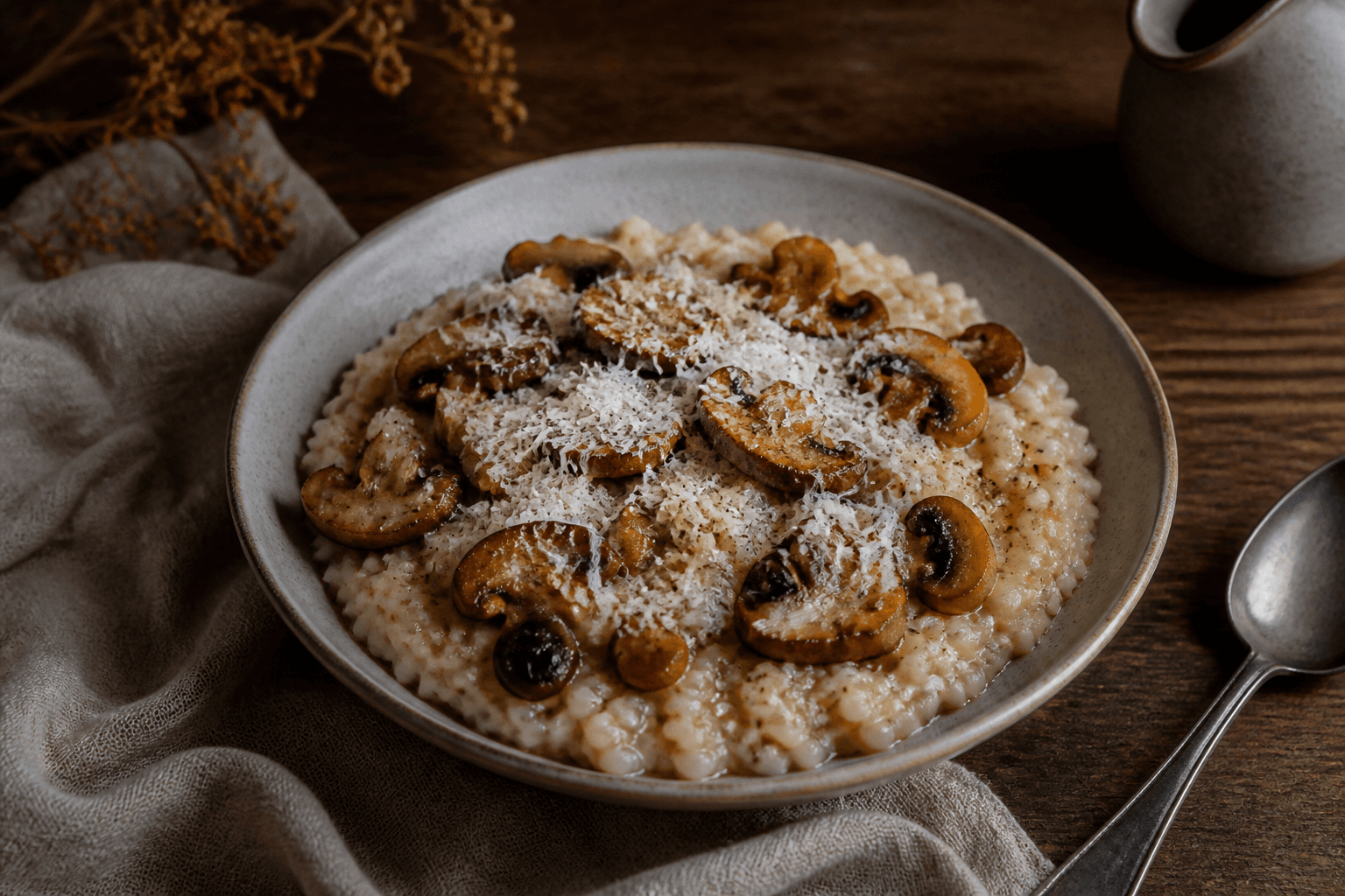 Cremét byggrød med svampe og revet vesterhavsost