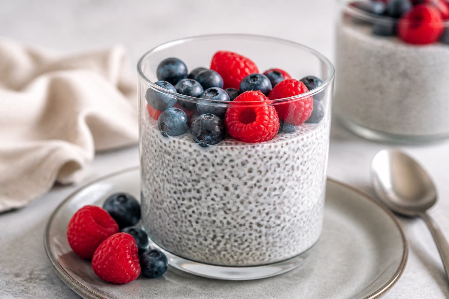 Chiapudding med protein og bær i glas