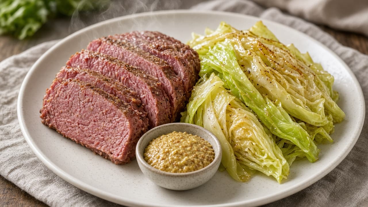 Varm corned beef skåret i skiver med smørdampet spidskål