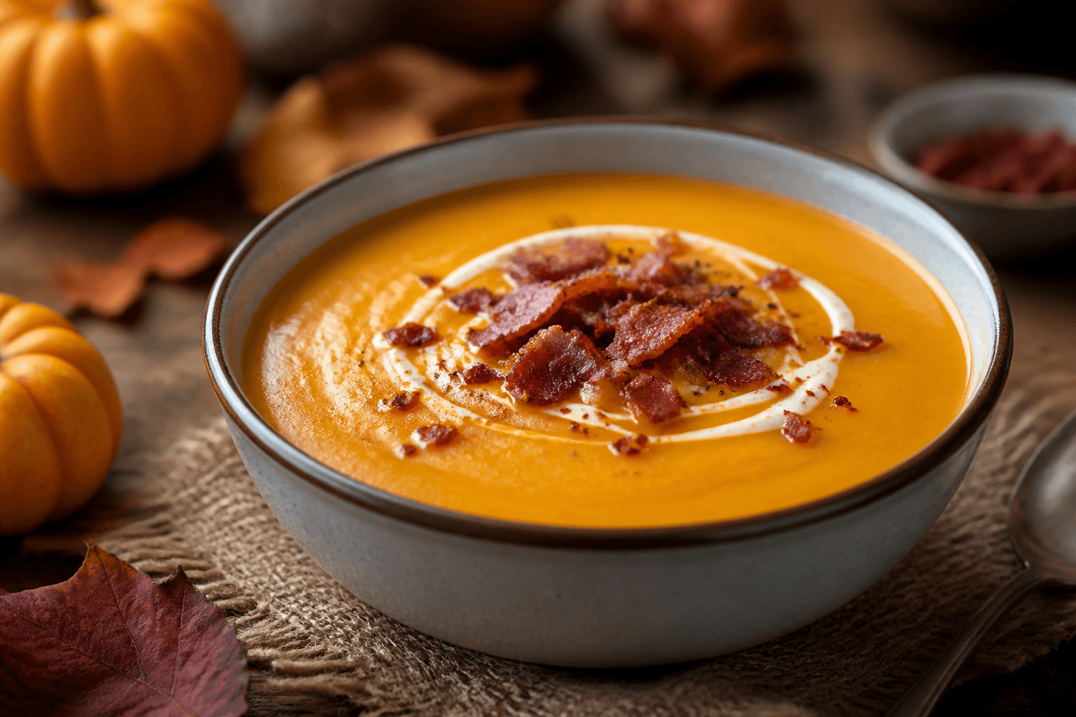 Cremet græskarsuppe med sprøde bacontern og chiliolie