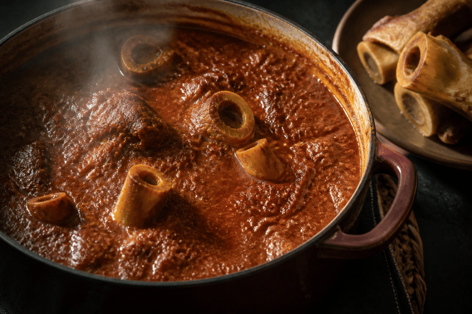 Dyb, mørkerød langtidssimret tomatsauce i gryde