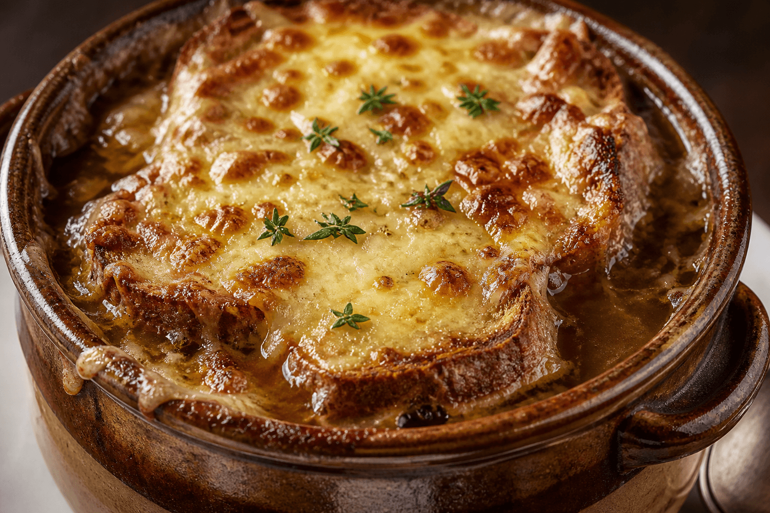 Fransk løgsuppe med ostegratineret brød og smeltet gruyère
