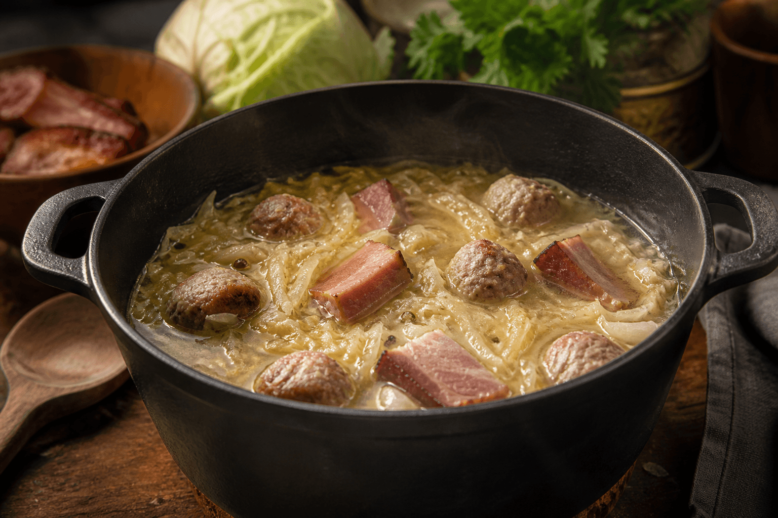 Hvidkålssuppe med flæsk og kødboller i gryde