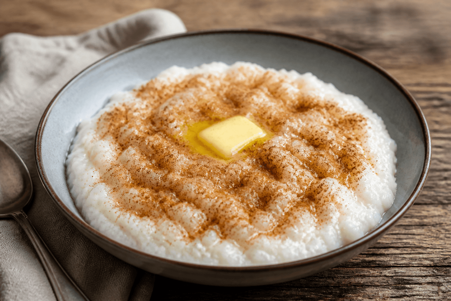 Klassisk risengrød med smørklat og kanelsukker