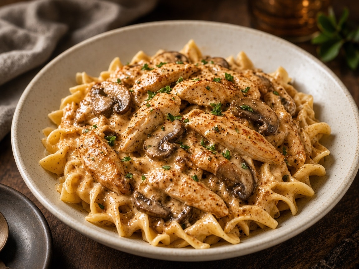 Cremet kylling Stroganoff med svampe i paprika-sauce