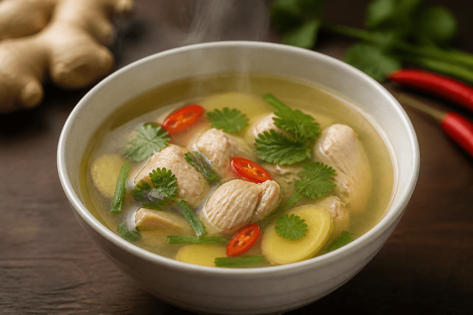 Klar kyllingesuppe med ingefær, chili og urter