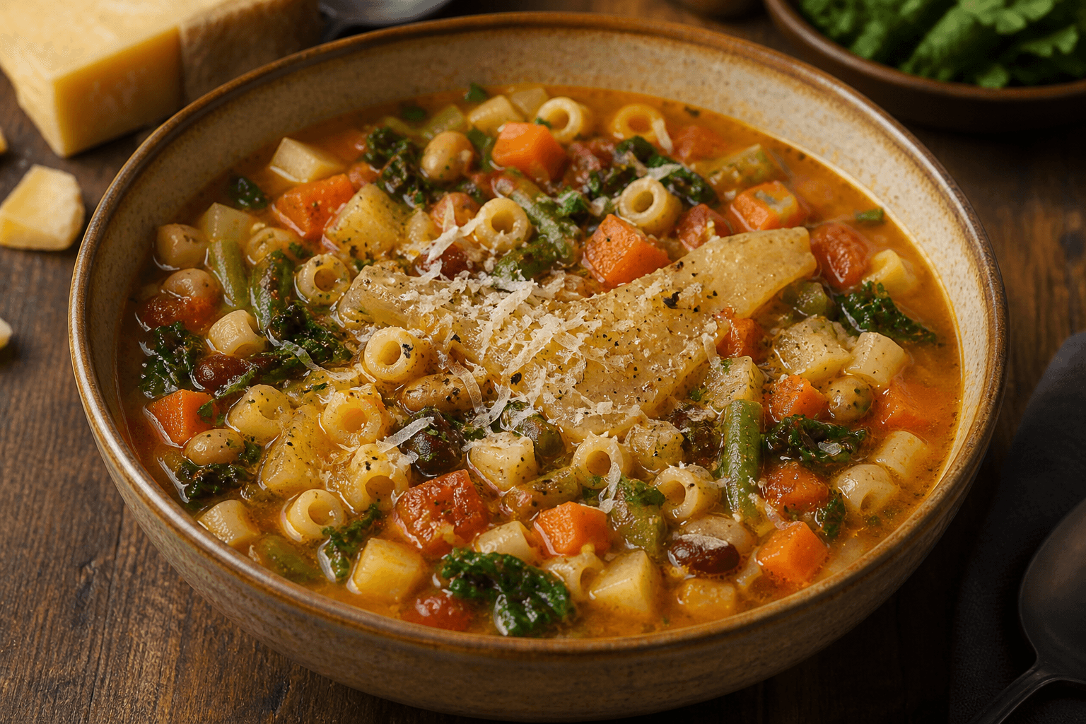 Minestronesuppe med grøntsager, pasta og parmesan