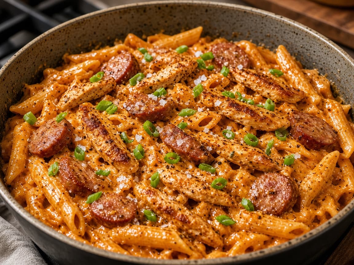 Cajun-pasta med kylling og krydret pølse i gryde