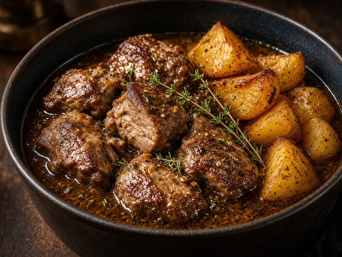 Tykkam i mørkt hvidtøls-sauce med kartoffelbåde