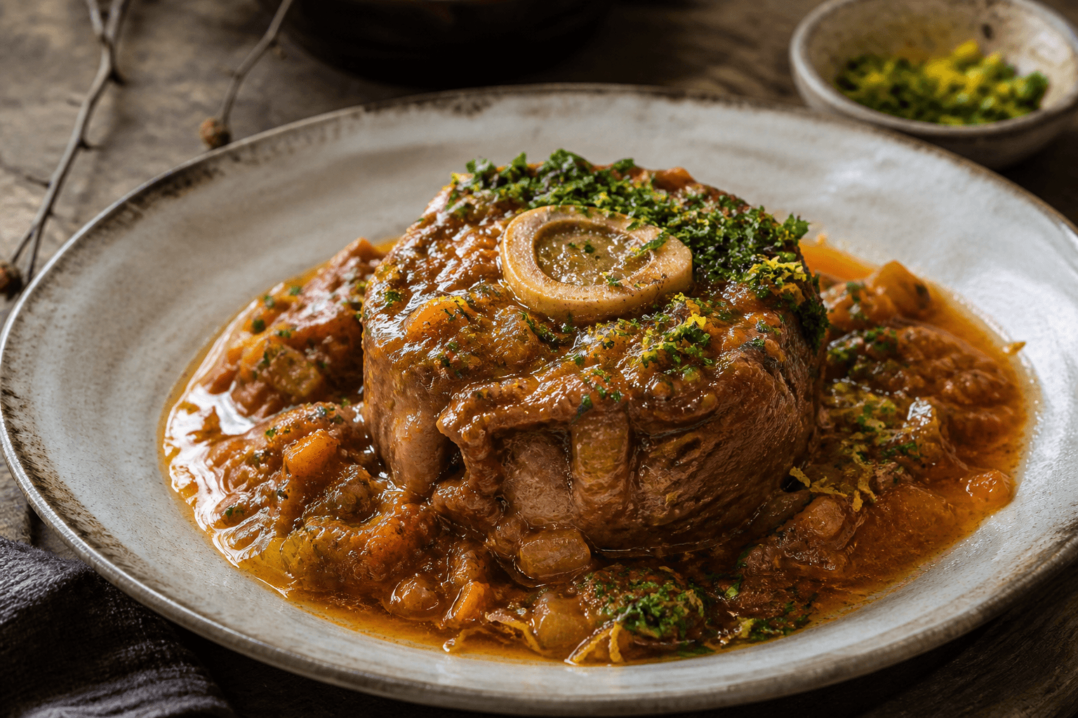 Osso buco med gremolata og saftig kalveskank i gryde