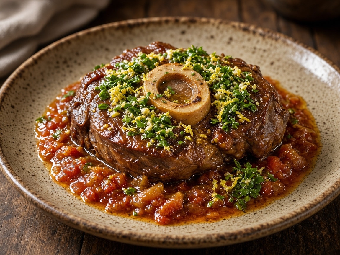 Møre kalveskanke i tomat-hvidvinssauce med gremolata ovenpå