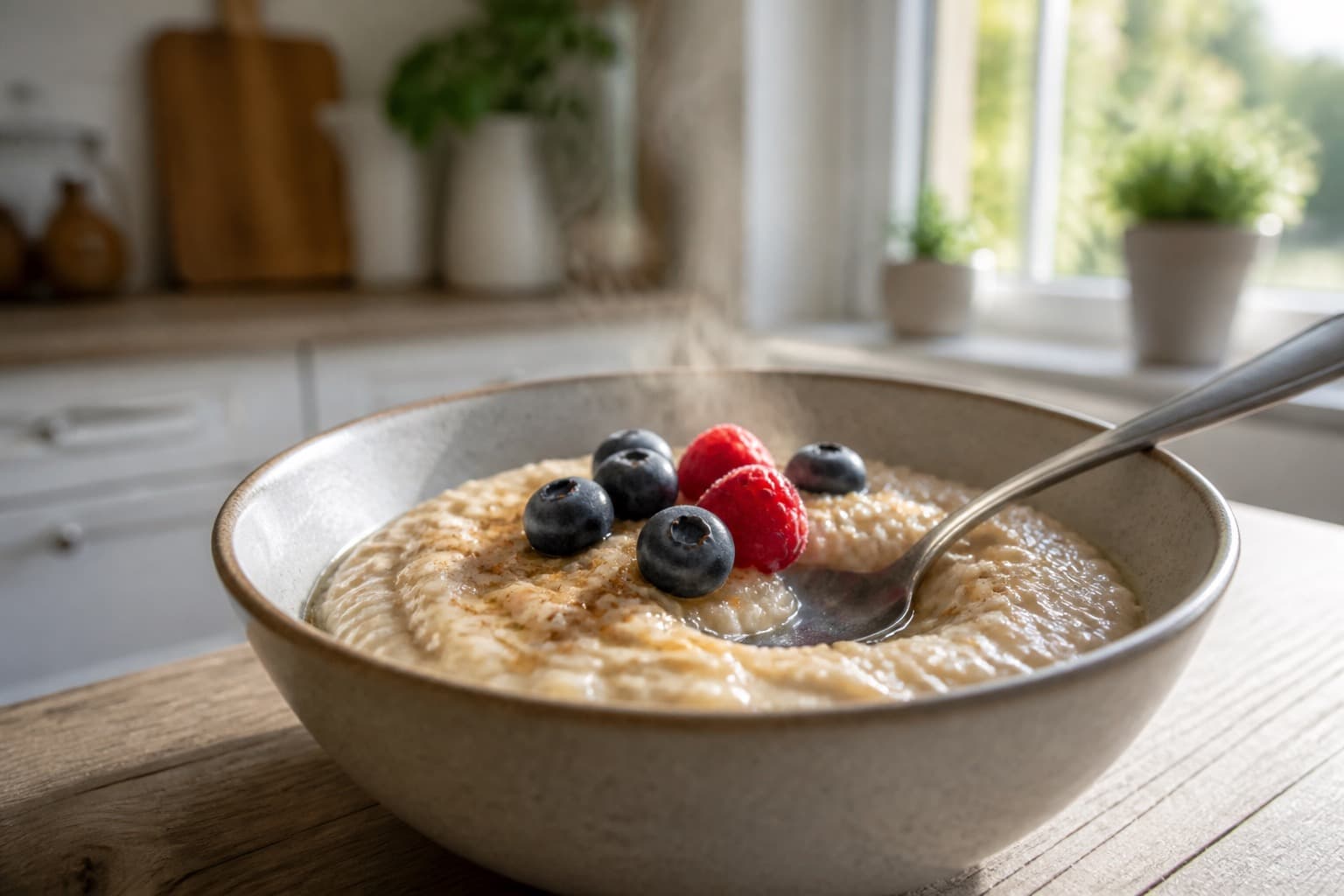Cremet protein-havregrød i skål med bær