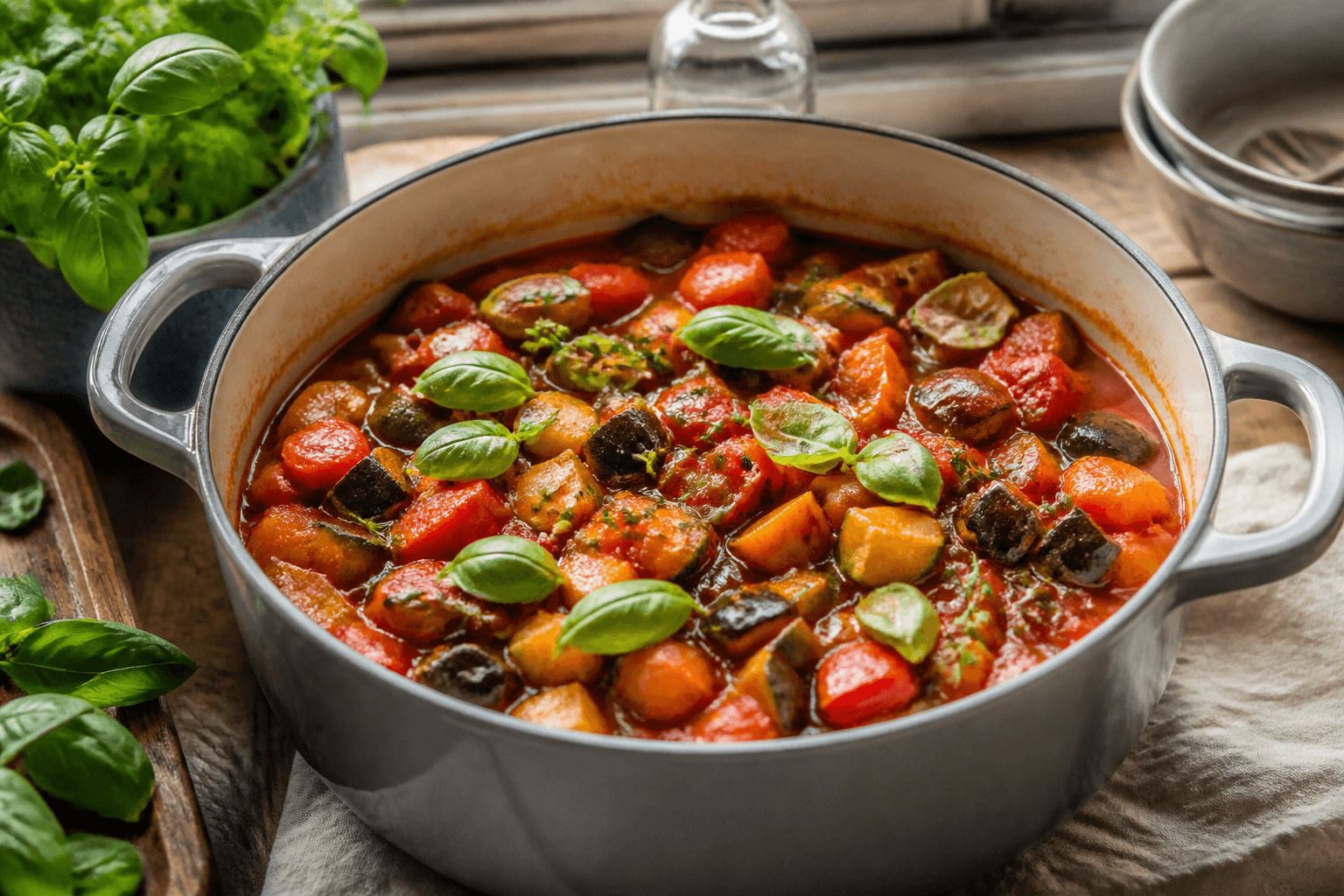 Ratatouille med aubergine, squash og tomat i gryde