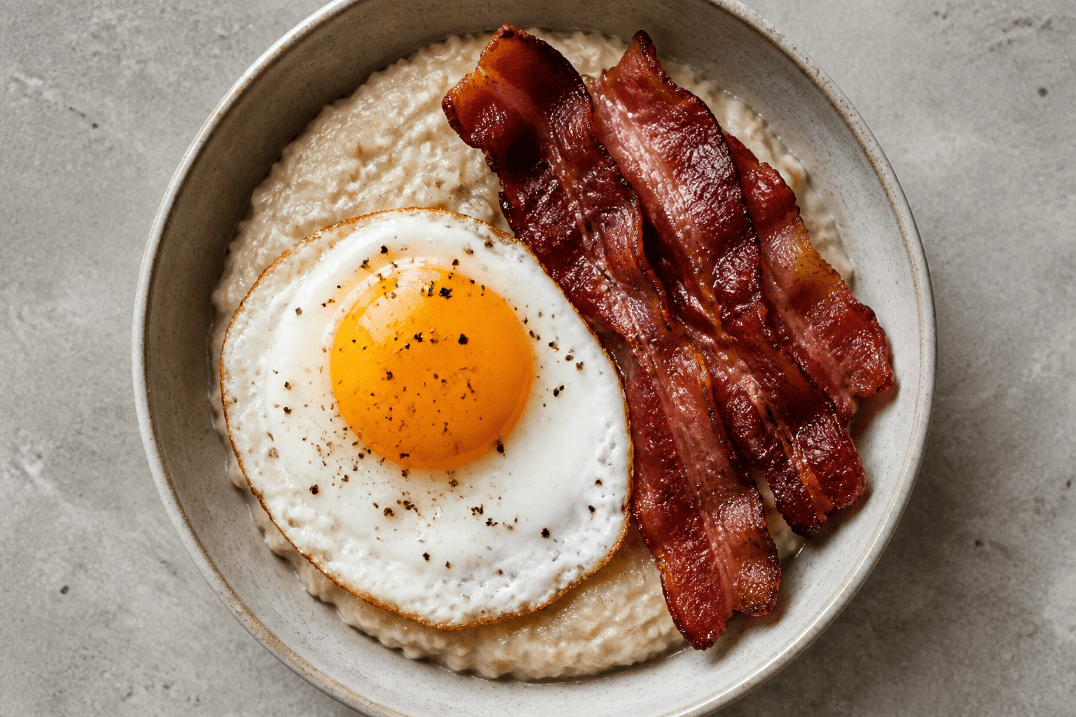 Saltet havregrød toppet med spejlæg og sprød bacon