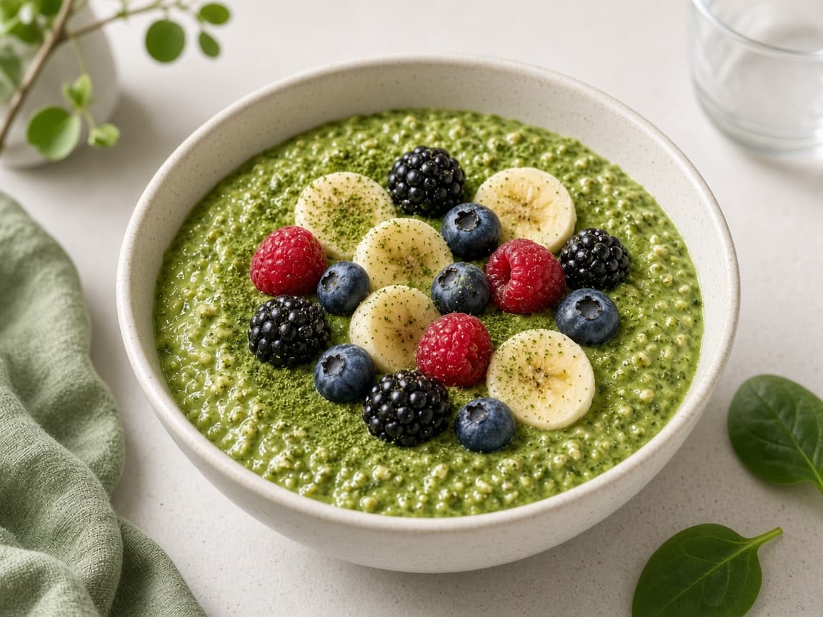 Sød grøn havregrød med banan, bær og matcha-drys