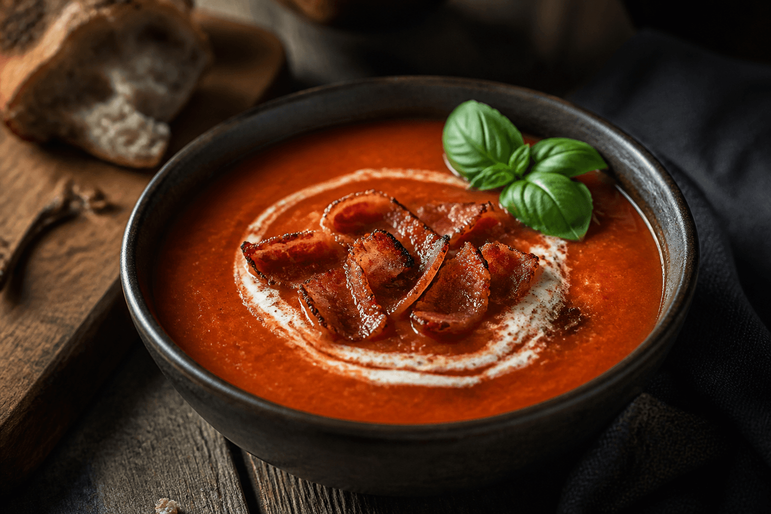 Cremet tomatsuppe med flødesvirvel, sprøde bacontern og basilikum
