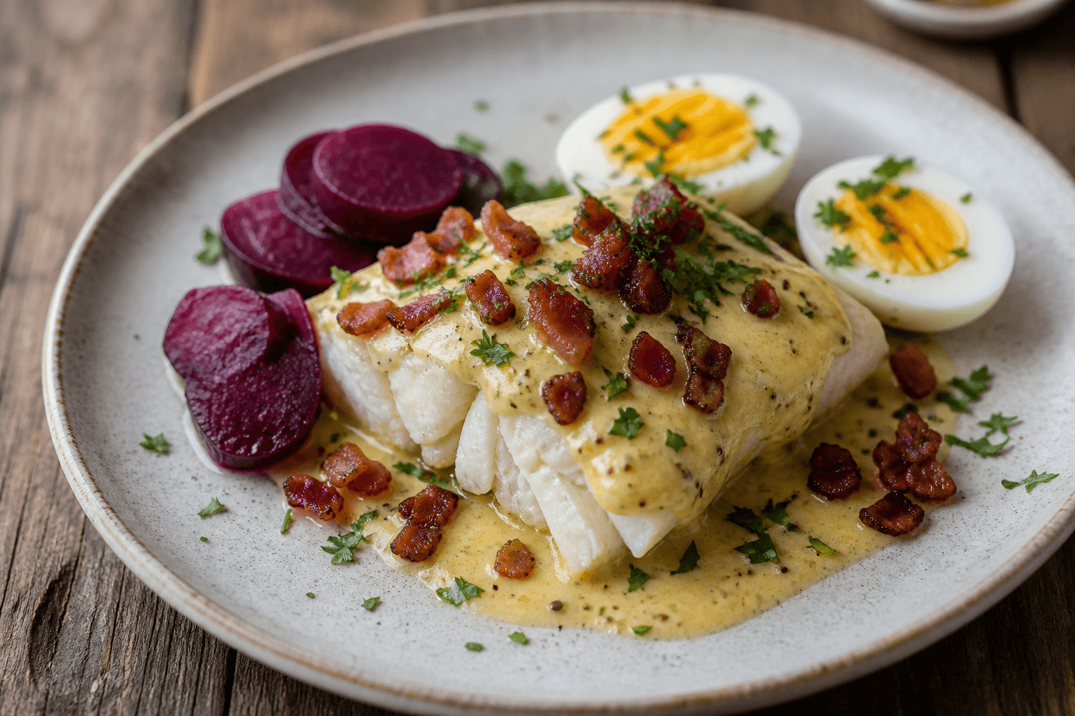 Pocheret torsk med sennepssauce, rødbeder, bacon og æg
