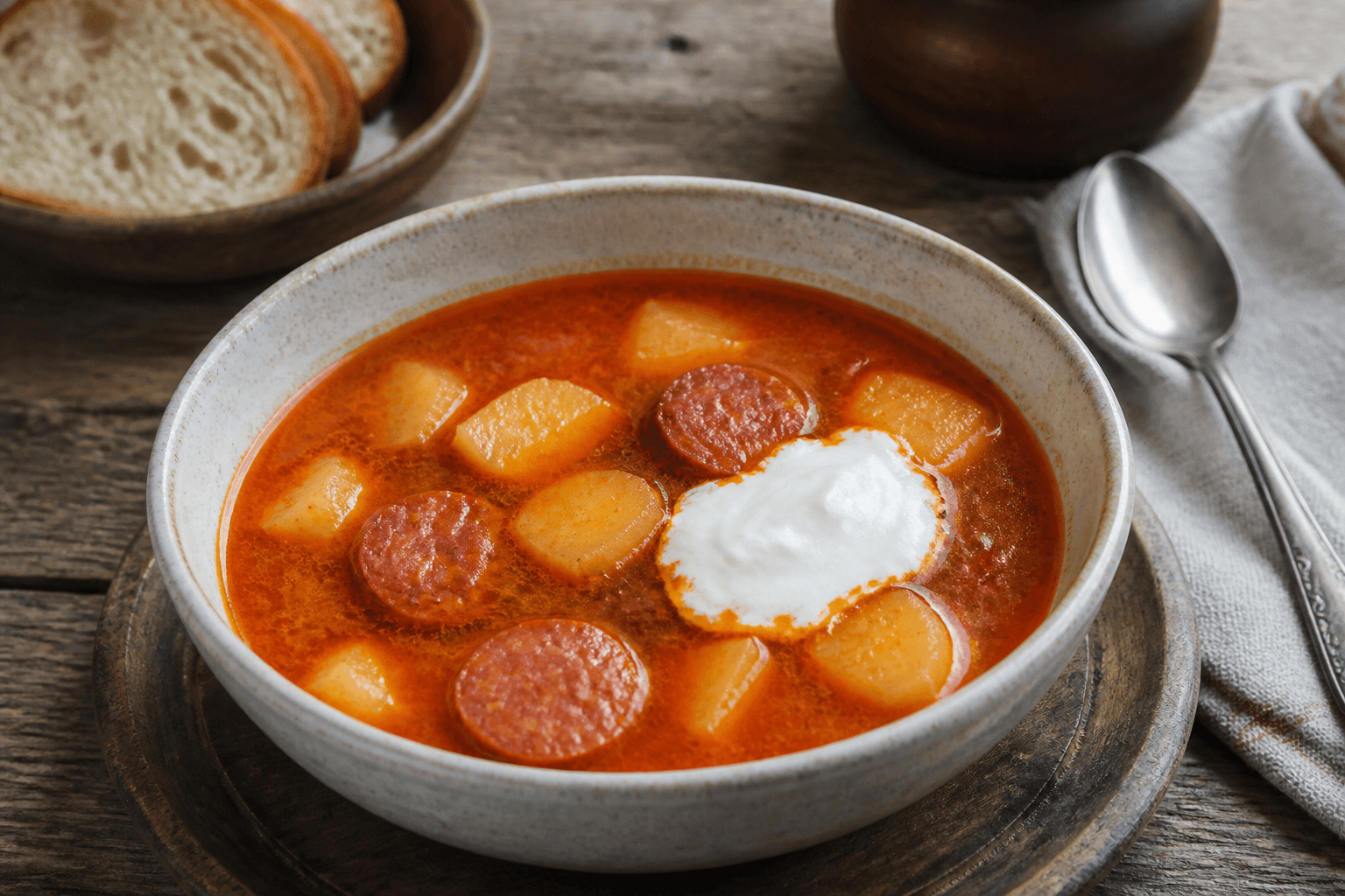 Ungarsk kartoffelsuppe med paprika og pølseskiver