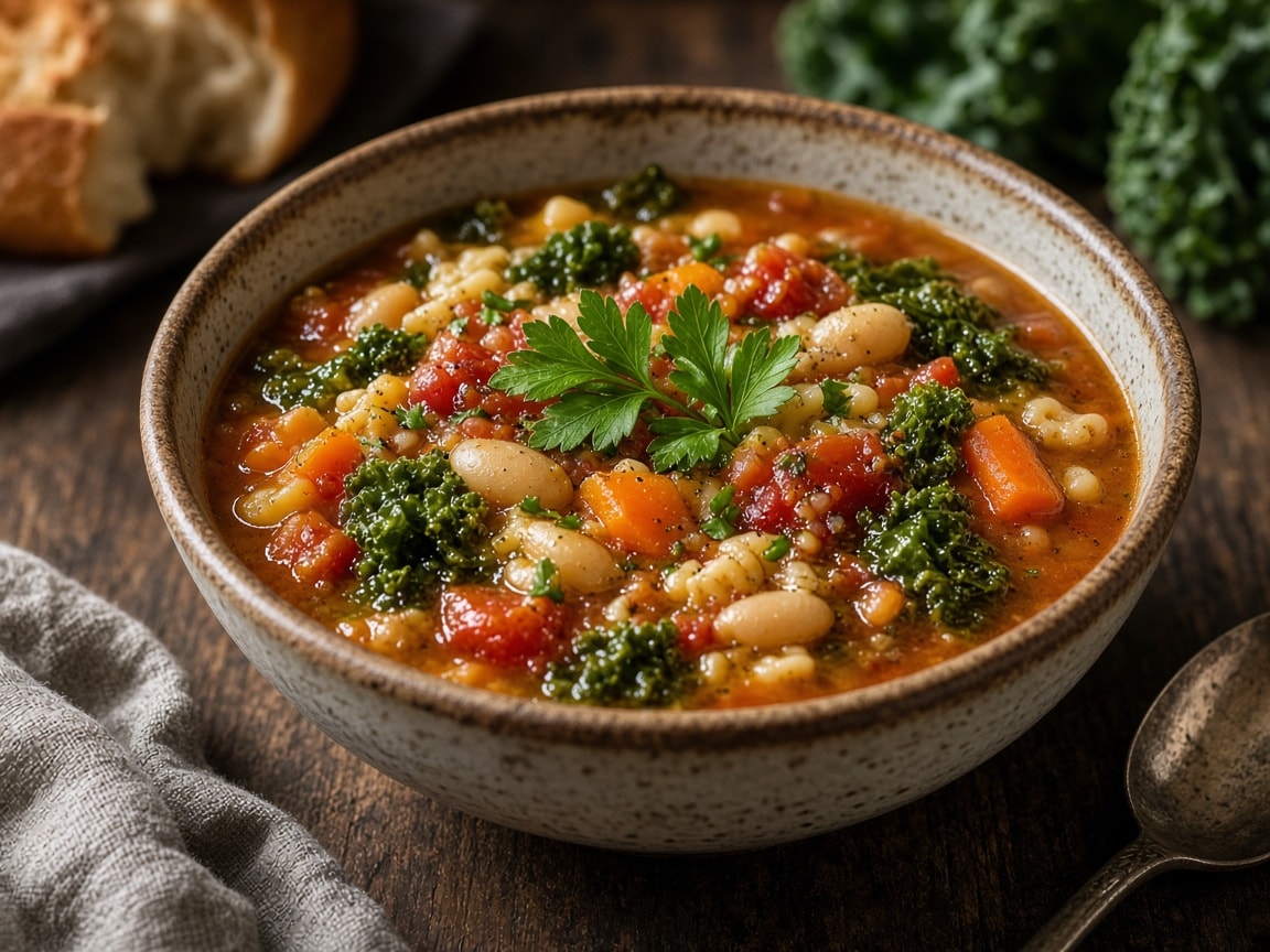 Fyldig minestrone med pasta, bønner og vintergrøntsager