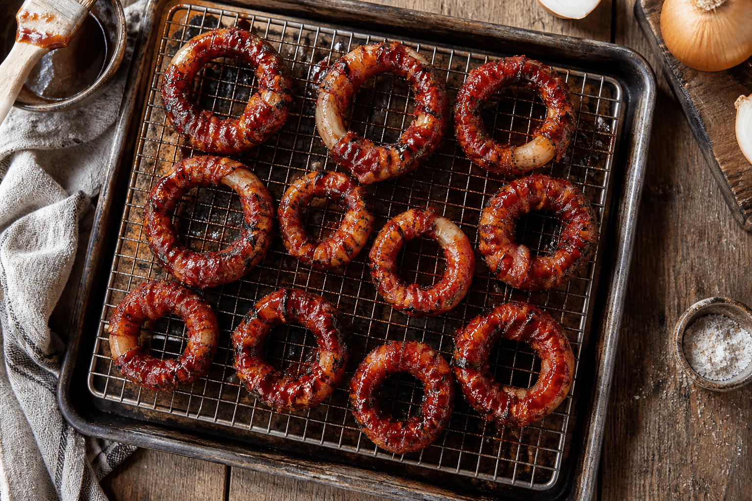 Løgringe svøbt i bacon, bagt sprøde med BBQ-sauce