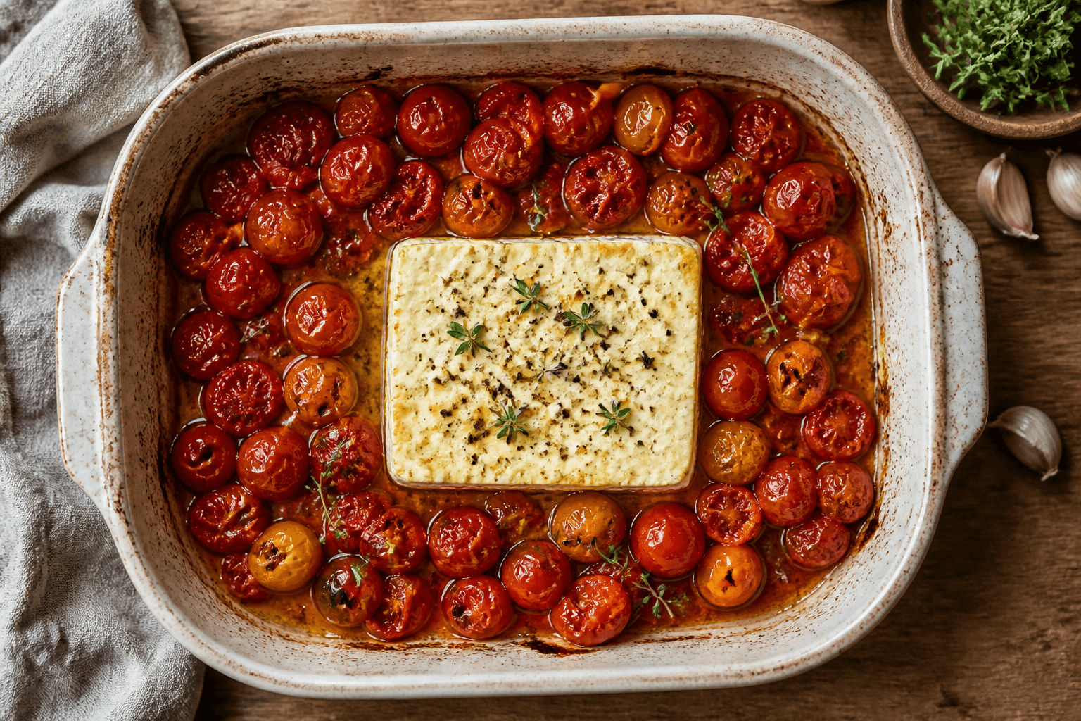 Bagt feta midt i cherrytomater, moset til cremet dip