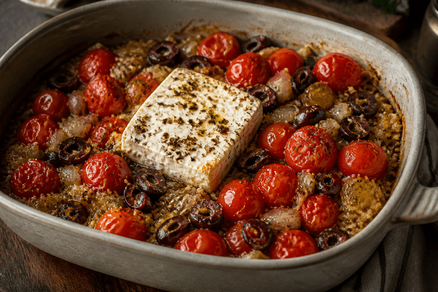 Bagt feta med cherrytomater, oliven og quinoa