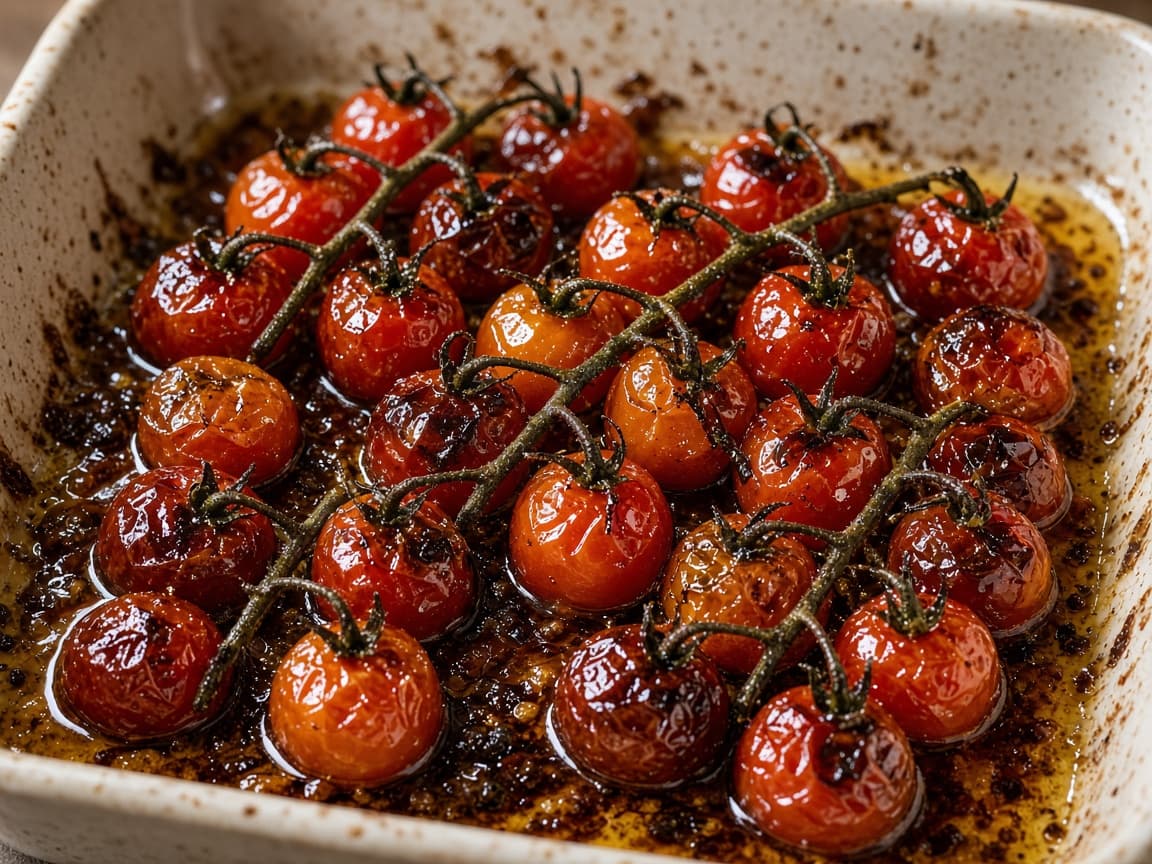 Bagte daddeltomater på stilk med balsamico