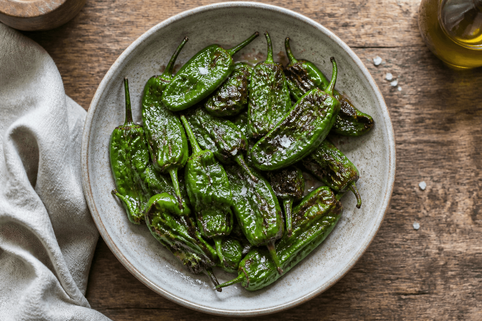 Bagte padrón pebre med olivenolie og flagesalt