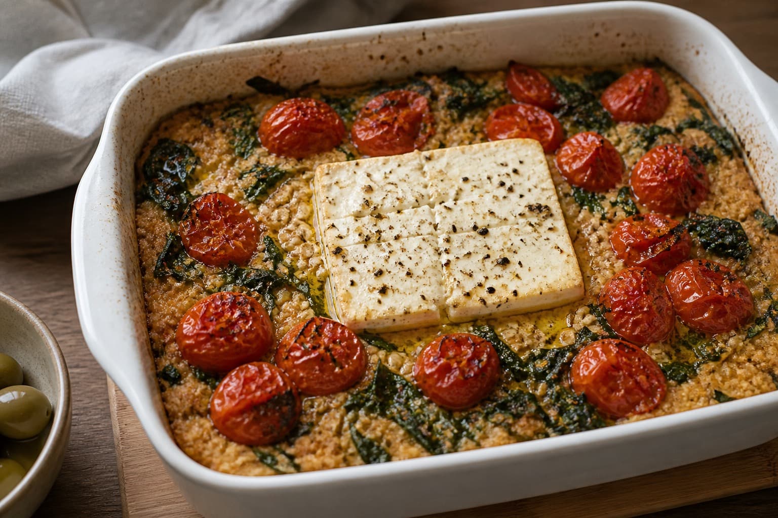 Bagt havregrød med feta, cherrytomater og spinat