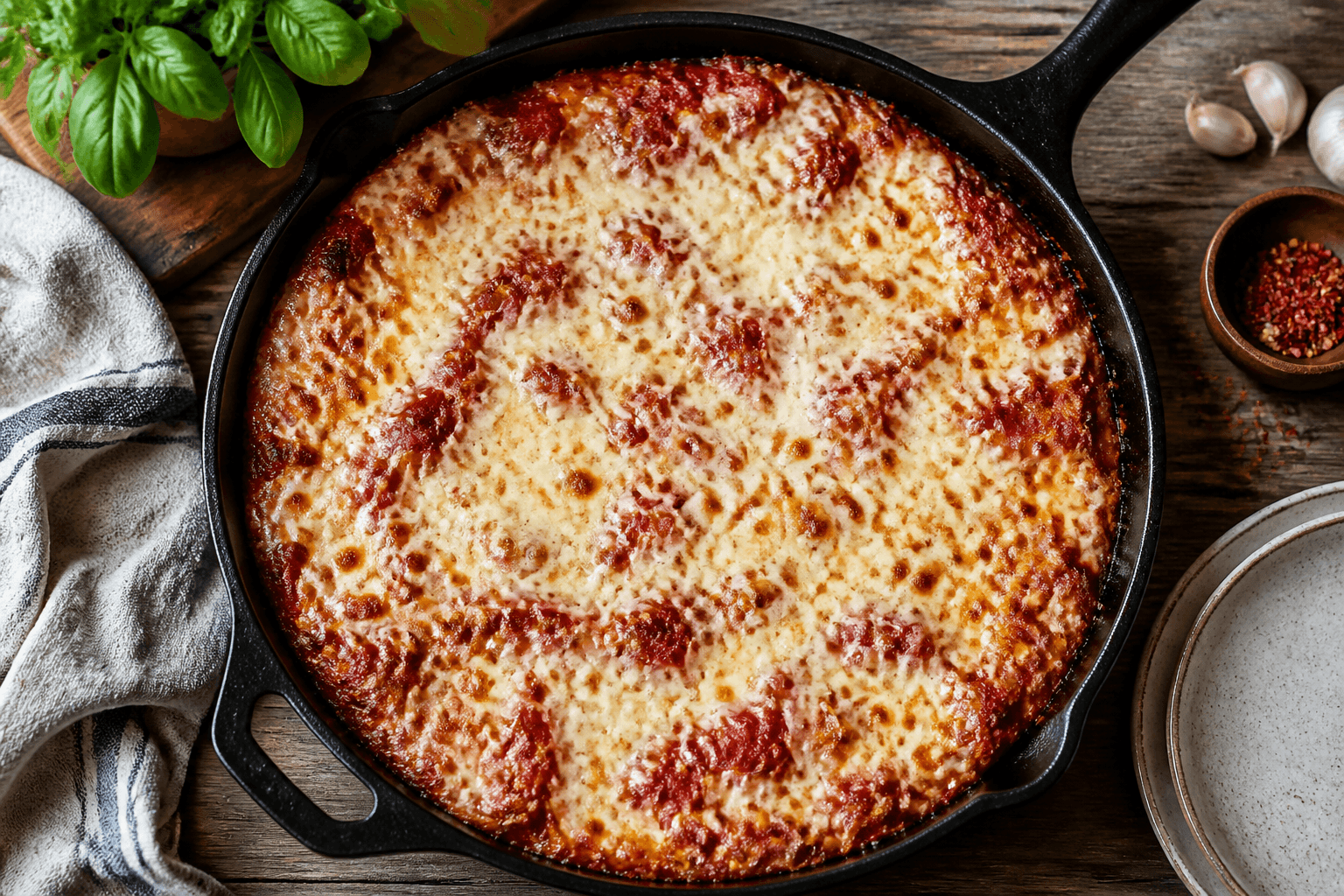 Deep dish pizza i støbejernspande med ost ud til kanten