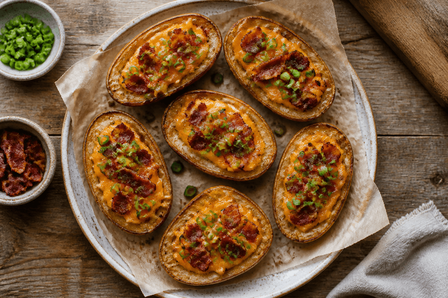 Sprøde kartoffelskræller med cheddar, bacon og forårsløg