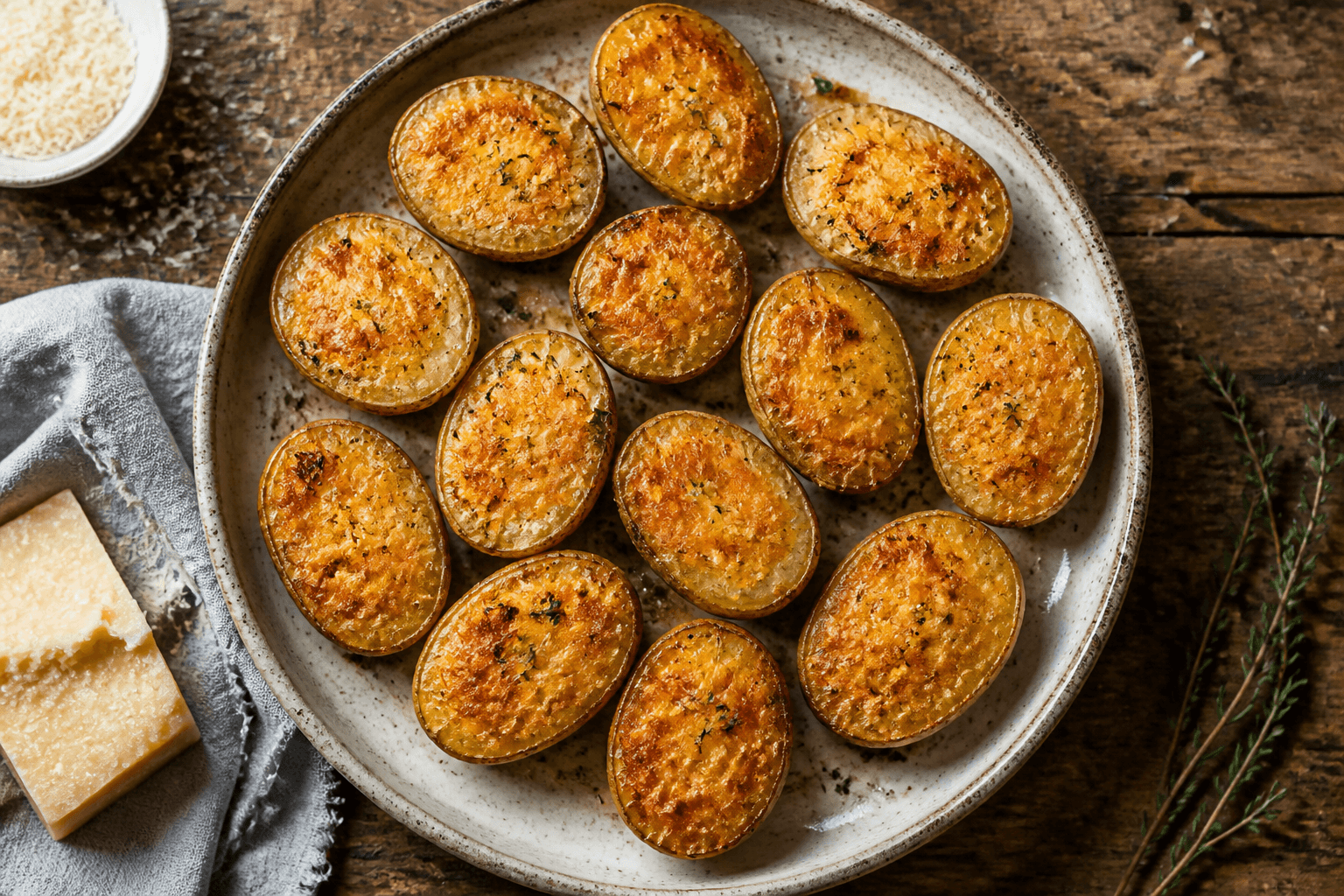 Halve kartofler med sprød parmesanskorpe på skærefladen