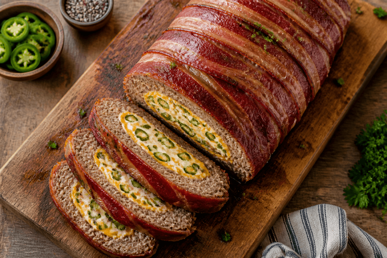 Farsbrød svøbt i bacon, skåret så jalapeño-ostefyldet ses