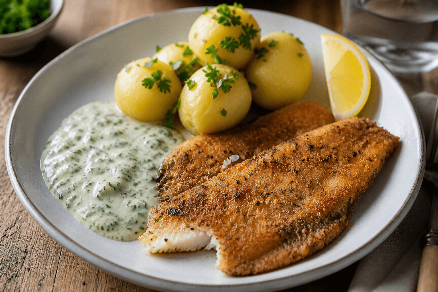 Bagt fiskefilet i fad med grøn persillesovs
