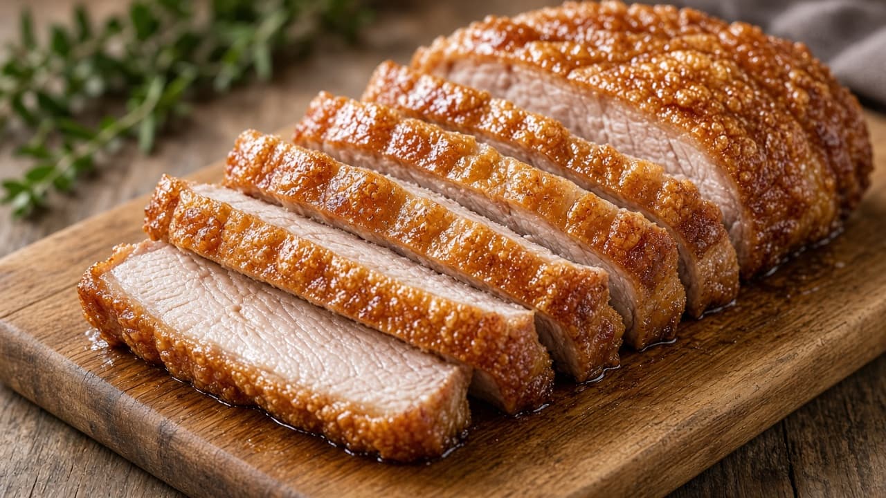 Flæskeskivesteg med sprød svær skåret til smørrebrød