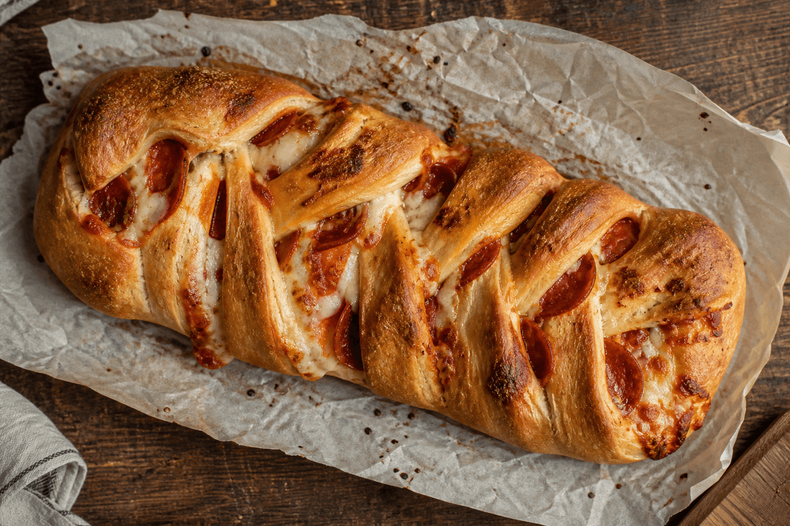 Flettet hytteostbrød med pepperoni, mozzarella og tomatsovs, gyldent bagt