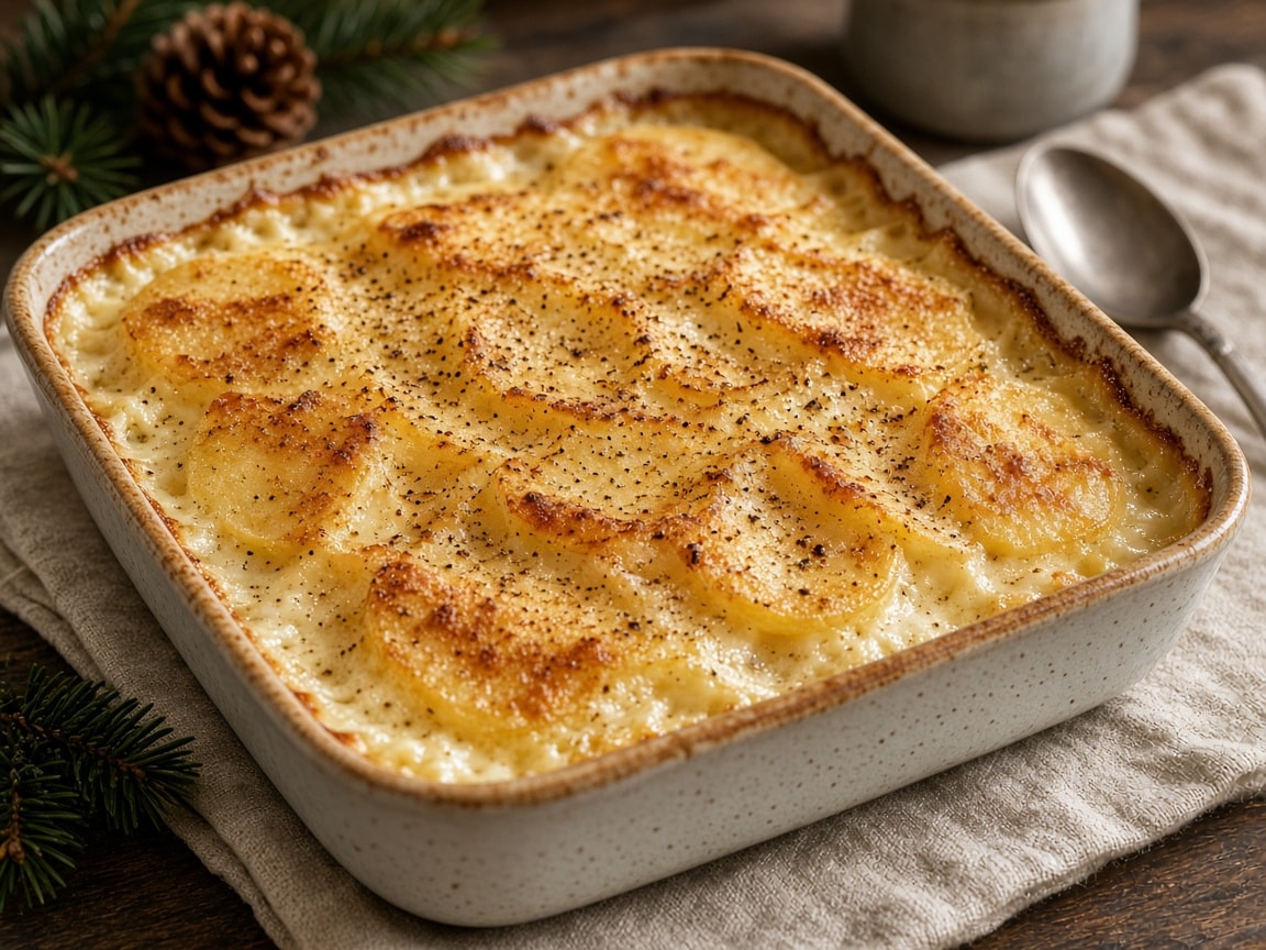 Gratinerede flødekartofler med gylden top og muskatnød