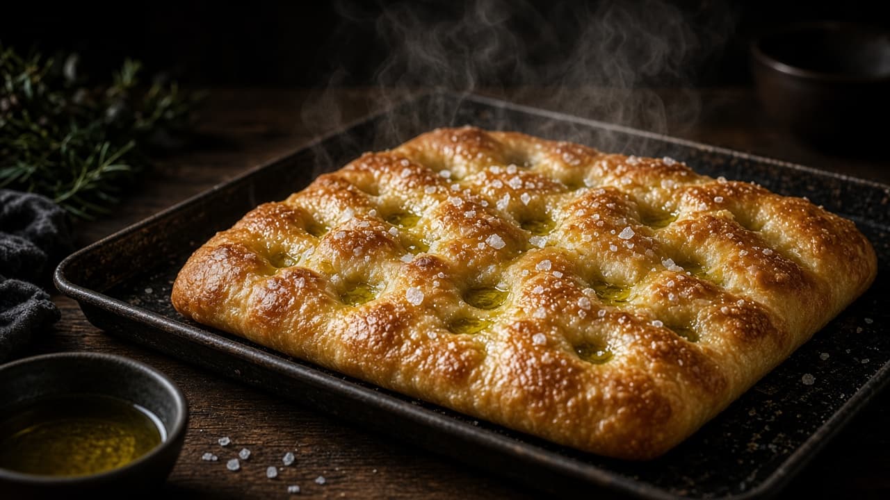 Gylden focaccia med olivenolie og flagesalt i dybe dimples
