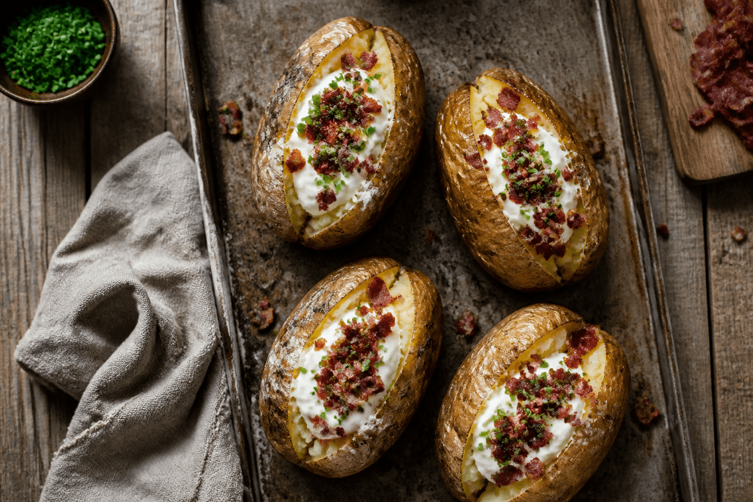 Fyldte bagekartofler med bacon og creme fraiche