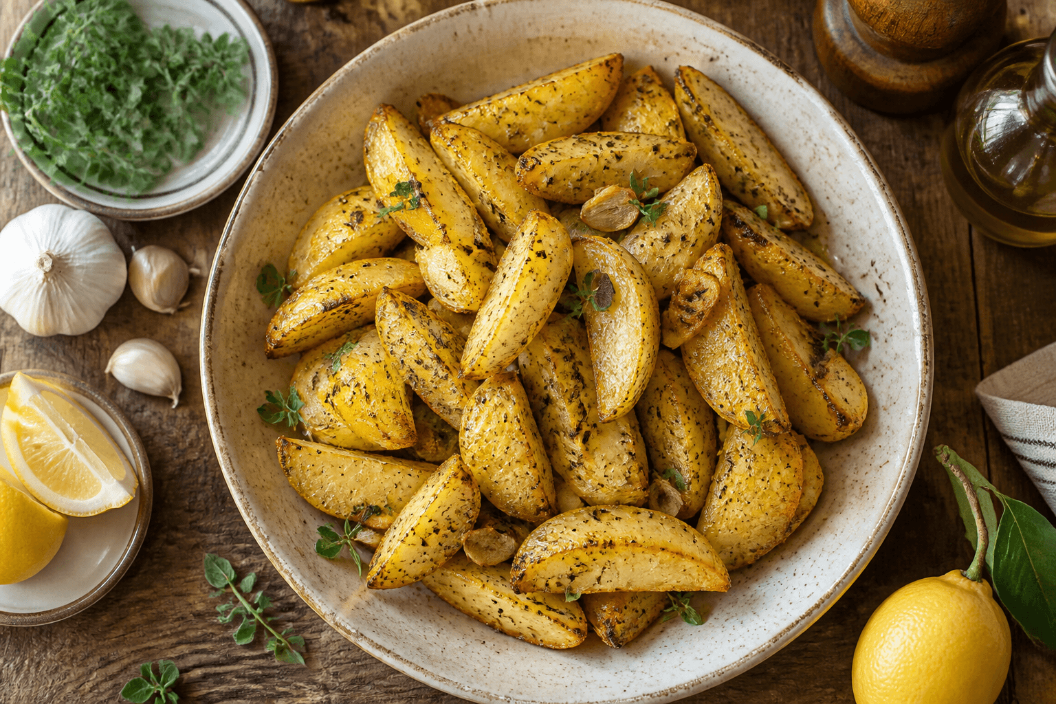 Græske kartoffelbåde med citron, hvidløg og oregano