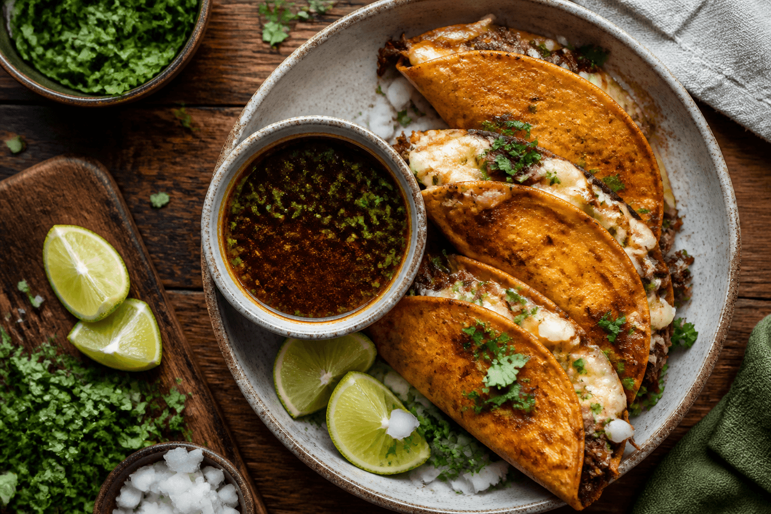 Sprøde birria tacos med consommé til dip