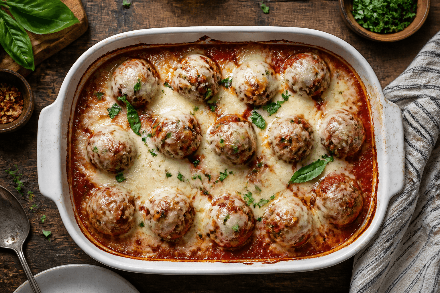 Gratinerede italienske kødboller i tomatsauce med ost