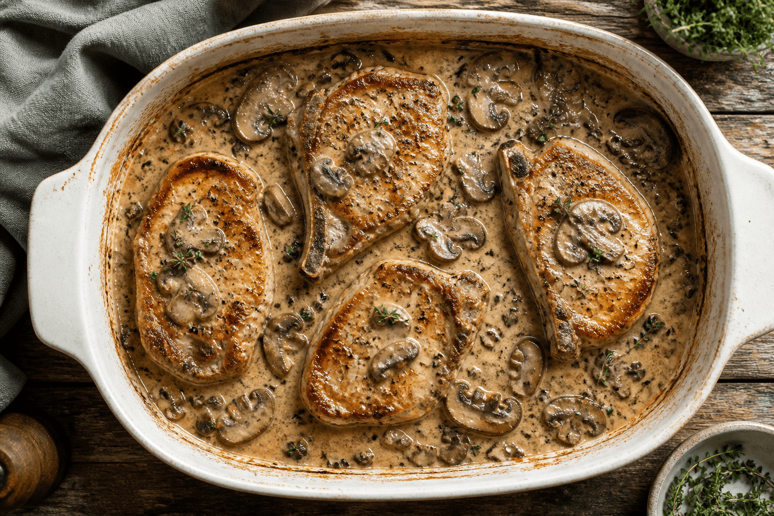 Koteletter i fad med champignon, tomat og cocktailpølser