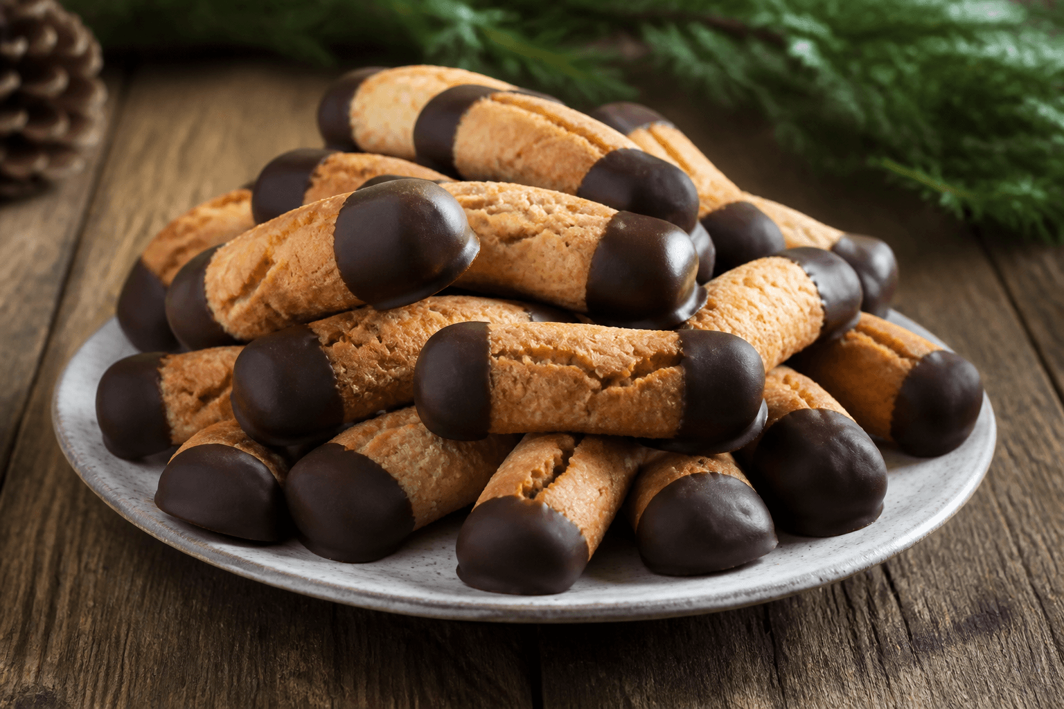 Kransekagekonfekt dyppet i mørk chokolade