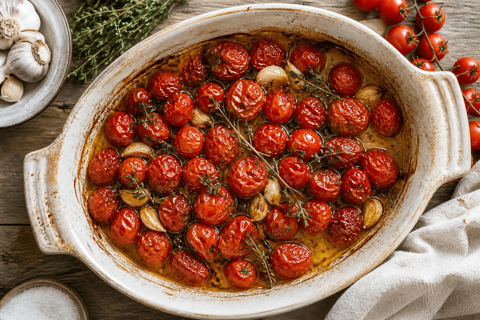 Cherrytomater confiteret i olivenolie med hvidløg og timian