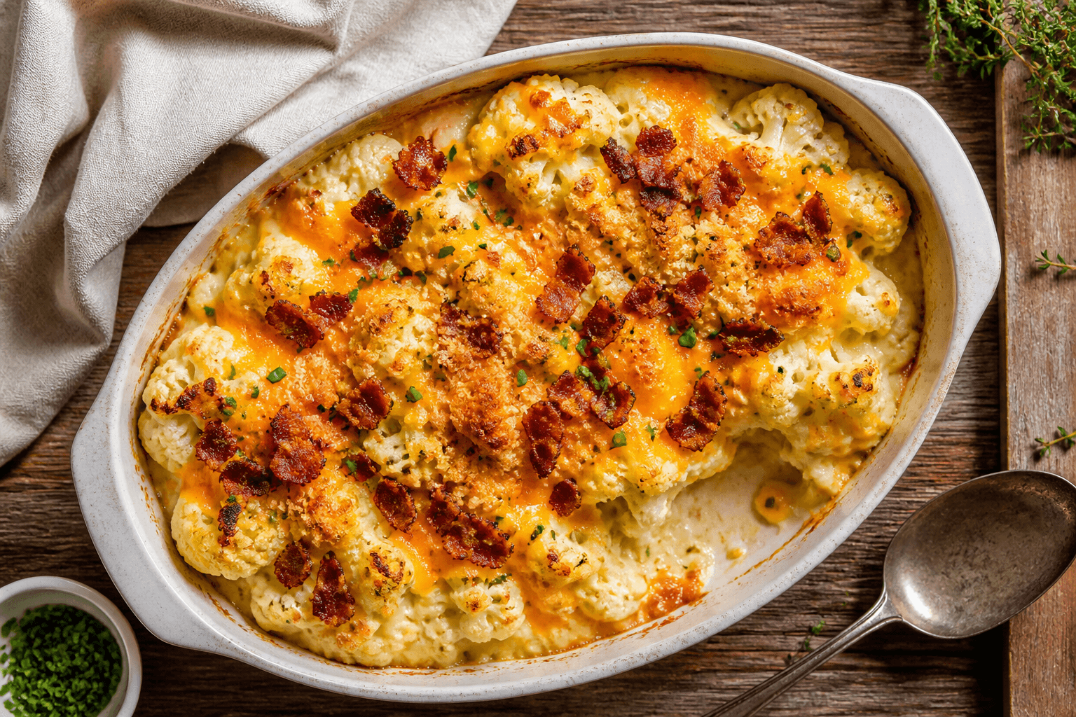 Gratineret blomkål med ostesovs og bacon