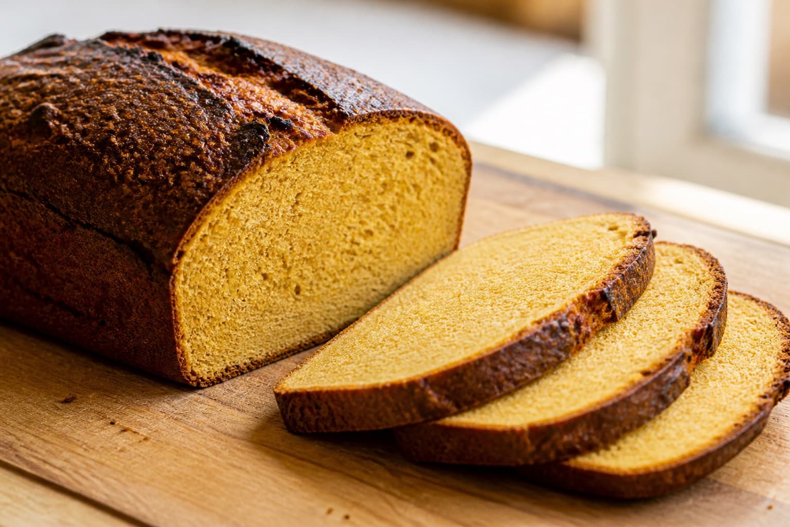 Gyldent lupinmel-rugbrød med varm farve i krummen